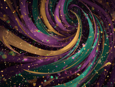 Abstract swirl of spark shapes and confetti, emerald and gold with plum accents, joyful, digital, no text, no people —ar 4:3