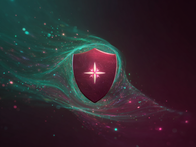 Soft glowing shield with stars and digital waves, emerald and plum gradient, friendly and safe mood —ar 4:3