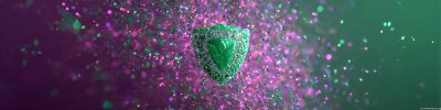 Friendly glowing play icon with heart and spark particles, emerald and plum tones -ar 1:1